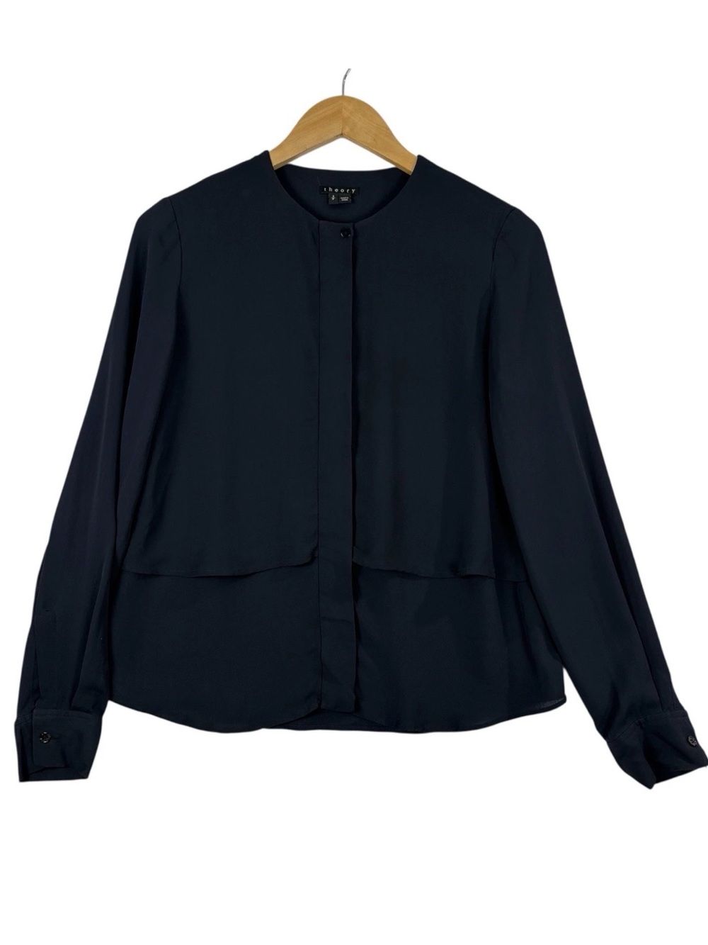 Theory Silk Chiffon Blouse Small Black Button Up Layered Lagenlook Minimalist